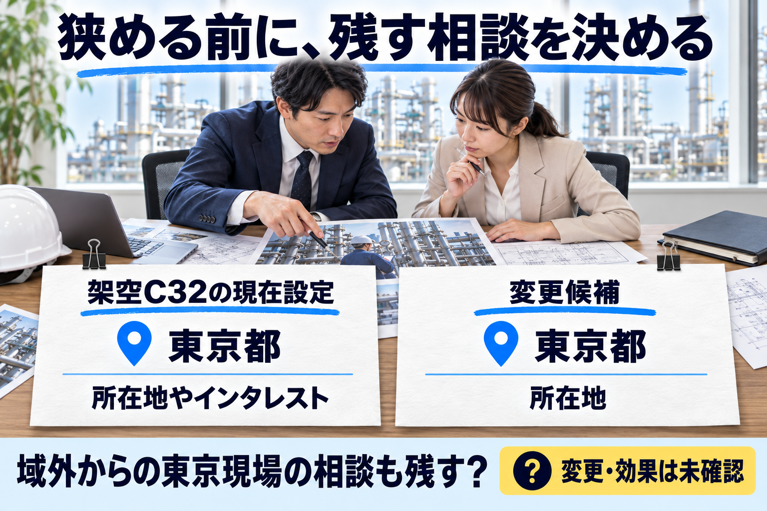 架空C32の現在設定は東京都・所在地やインタレスト。所在地への変更は候補です。域外から東京の現場を依頼する相談も残す方針と照合します。変更の実行・個別の配信・効果は未確認です。