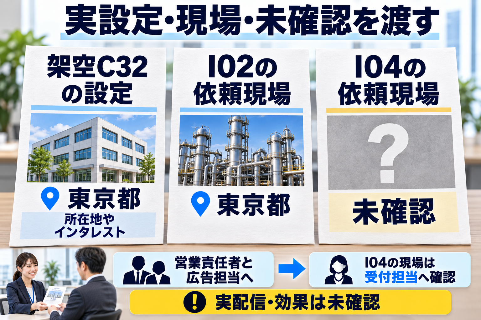 C32の架空設定、I02の依頼現場は東京都、I04の依頼現場は未確認という記入例です。営業責任者と広告担当へ資料を渡し、I04の現場は受付担当が確認します。実設定の読取り・配信・成果を観測した図ではありません。