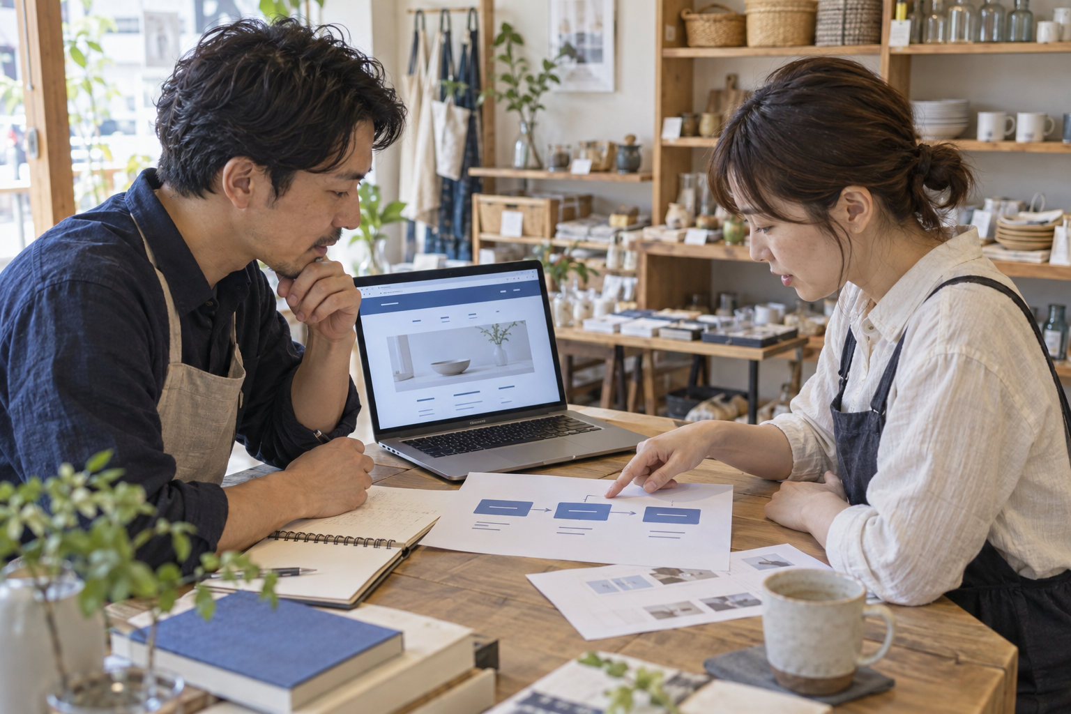用品店の店主とWeb担当者が、ノートパソコンと紙のメニュー案を見比べているイメージ
