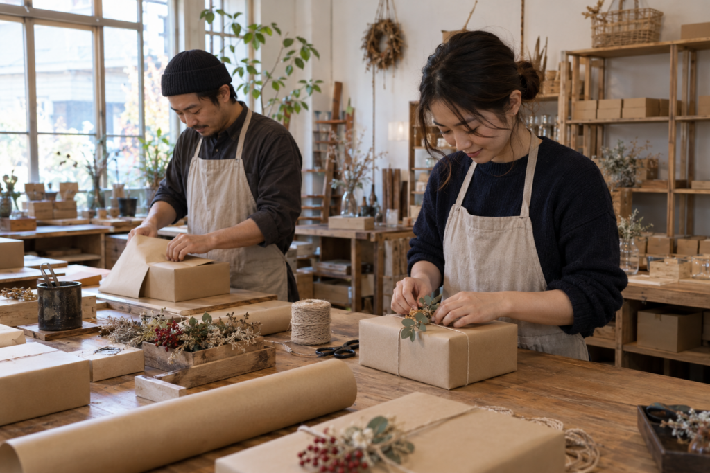 小さな工房で、二人の作業者が紙とひもで贈答品の箱を包装している