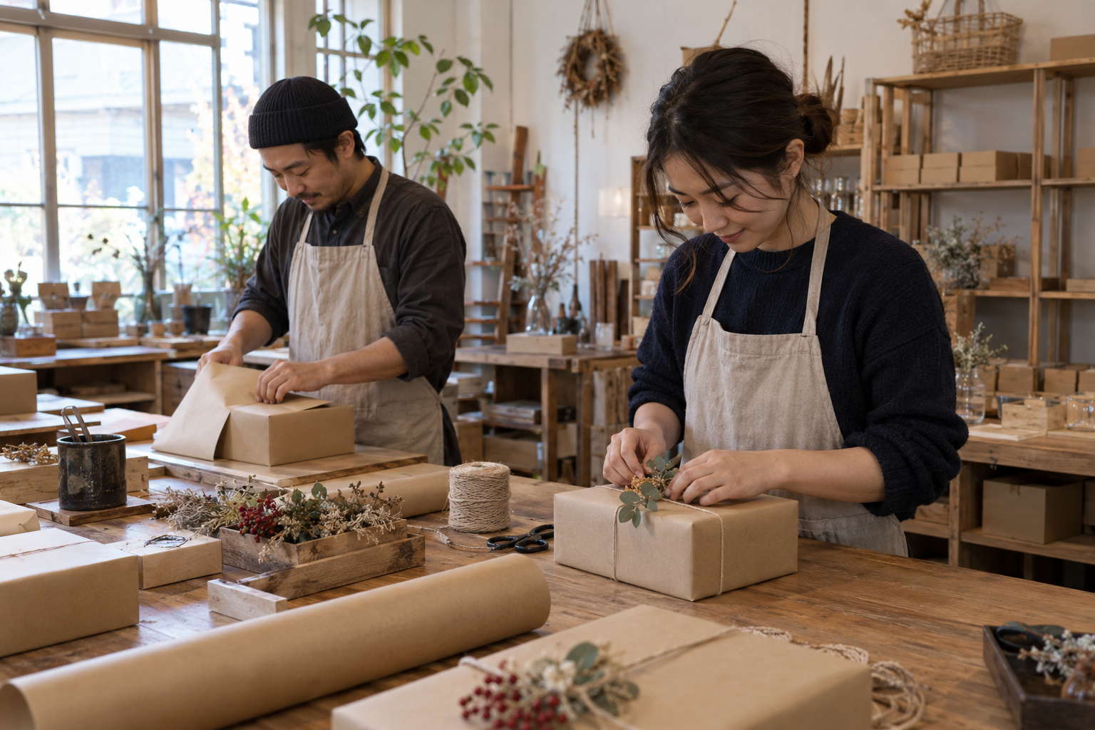 小さな工房で、二人の作業者が紙とひもで贈答品の箱を包装している
