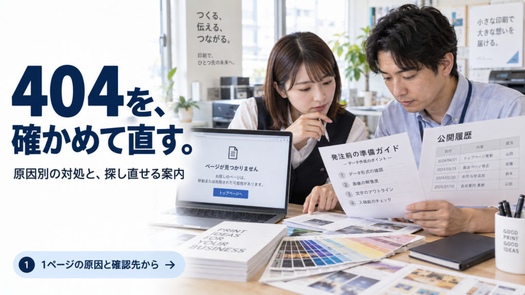 架空の印刷会社で、自然な成人のWeb兼務担当と内容責任者が、見つからない画面と元の準備ガイド・公開履歴を照合する場面。