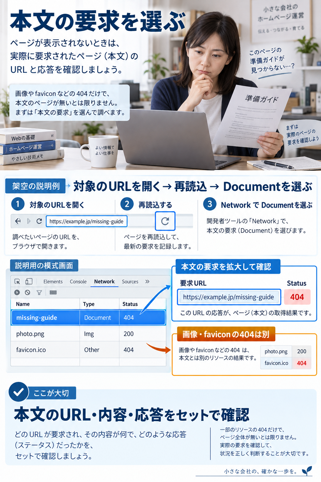 Networkで本文のDocument要求を選び、要求URLとStatusを確認し、画像やfaviconの404と分ける図。