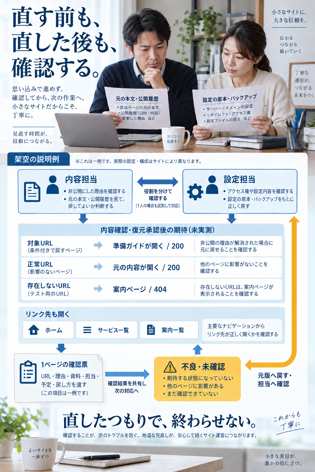 元の本文・公開履歴・設定と復旧用資料を内容担当と設定担当へ渡し、対象・正常・ないURLと案内先を確認する図。