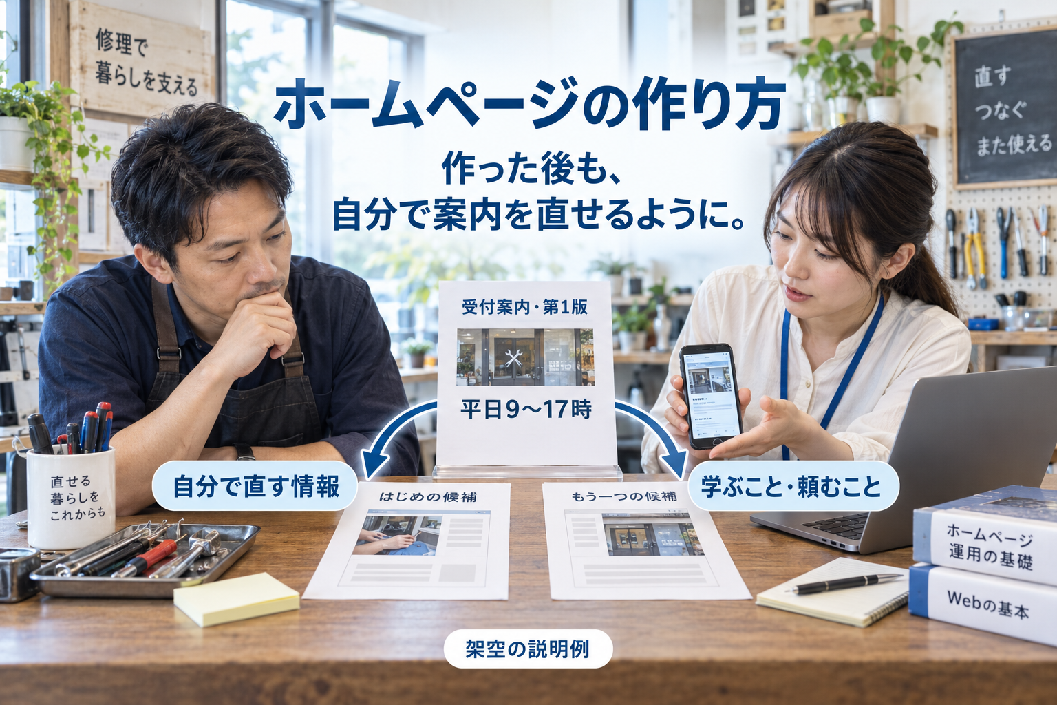 修理店の店長と制作担当が、受付時間の案内と作り方の比較メモを見ながら分担を考える架空の場面。