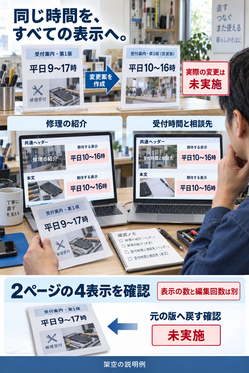 架空の修理店で平日9〜17時を10〜16時へ変える際、2ページの本文と共通ヘッダーの4表示を確かめる図。
