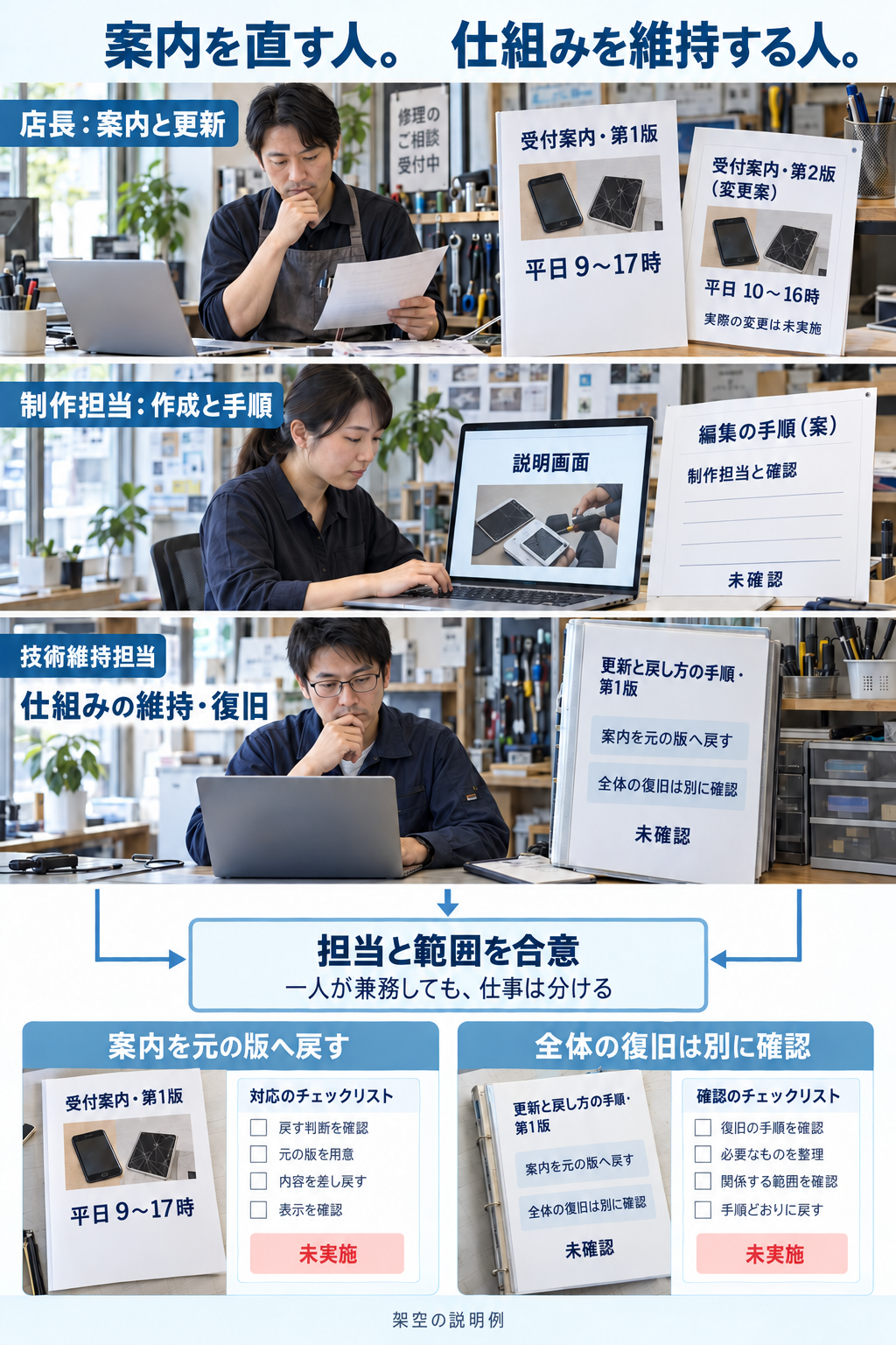 店長が受付案内を更新し、制作担当が編集手順を説明し、技術維持担当と問題対応・復旧の範囲を決める関係を示す図。