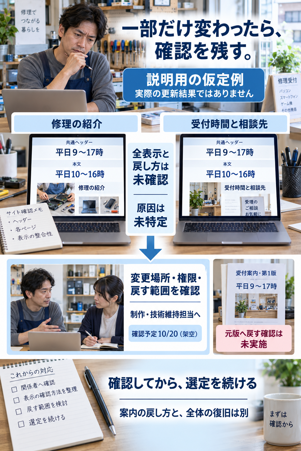 本文は10〜16時、共通ヘッダーは9〜17時のままという仮定例で、全表示と元版への戻し方を未確認として担当へ尋ねる図。