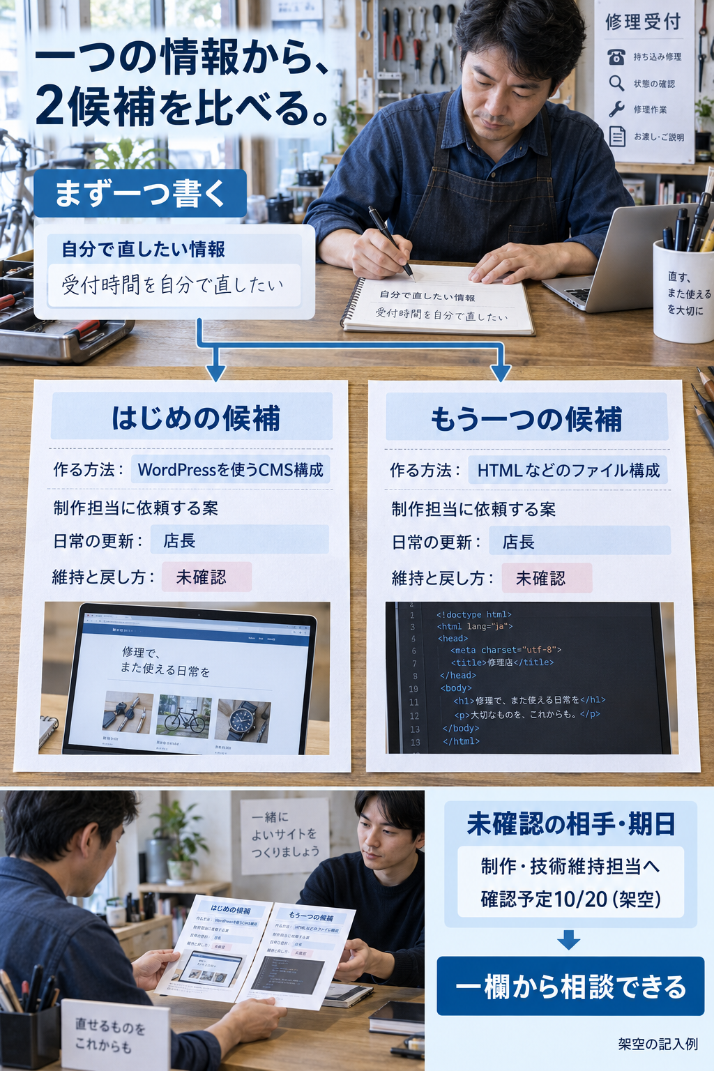 自分で直したい情報を共通にし、「はじめの候補」「もう一つの候補」の方法・担当・未確認を比べる架空の図。