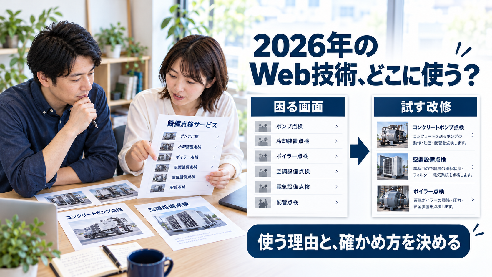 2026年のWeb技術をどこに使うか、困る画面と試す改修の資料を見比べる架空の仕事場面。