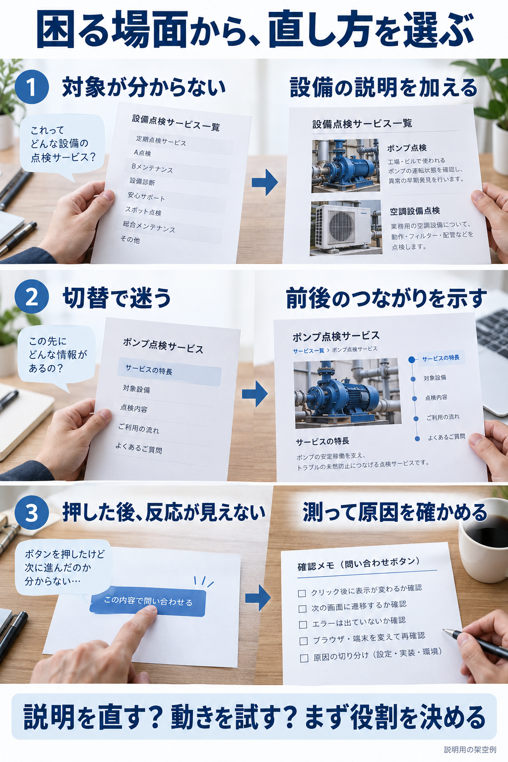 対象が分からない、切替で迷う、押した後の反応が見えないという3つの困りごとを、説明追加・つながりの表現・測定へ対応させる架空例。