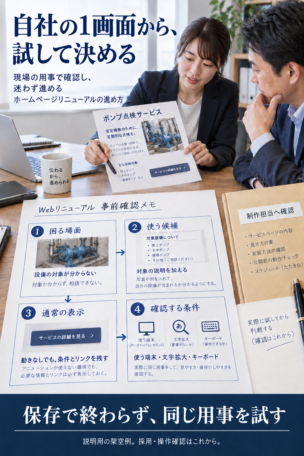 困る場面・使う候補・通常の表示・確認条件を具体的な資料へ残し、制作担当へ確認する架空の改修メモ。