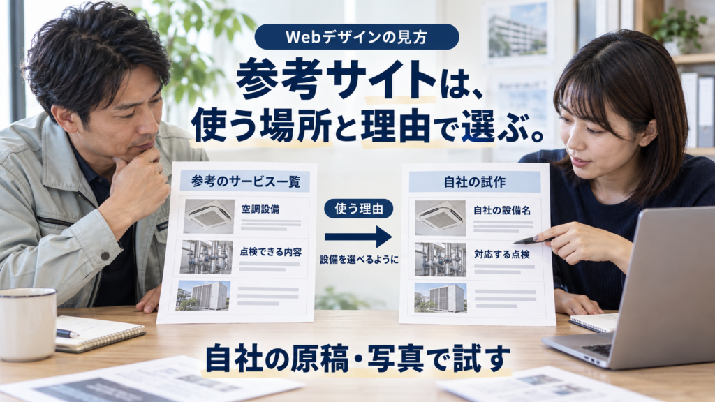 参考サイトは、使う場所と理由で選ぶ。設備点検会社の担当者が、参考のサービス一覧と自社の試作を見比べる架空例です。設備を選べるように、設備名と対応する点検の説明を自社の原稿・写真で試します。
