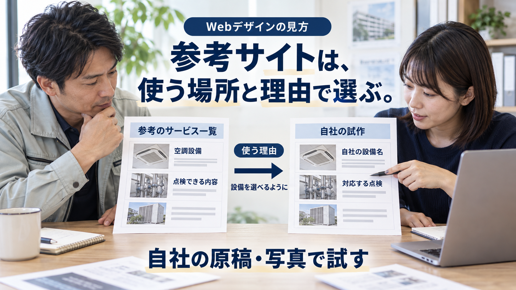 参考サイトは、使う場所と理由で選ぶ。設備点検会社の担当者が、参考のサービス一覧と自社の試作を見比べる架空例です。設備を選べるように、設備名と対応する点検の説明を自社の原稿・写真で試します。