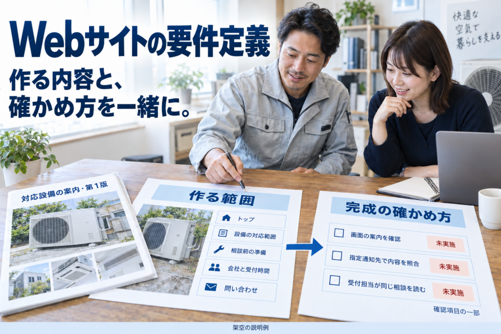 設備点検会社の担当者と制作担当が、設備写真、案内、制作依頼メモ、完成確認票を並べて話す架空の説明図。