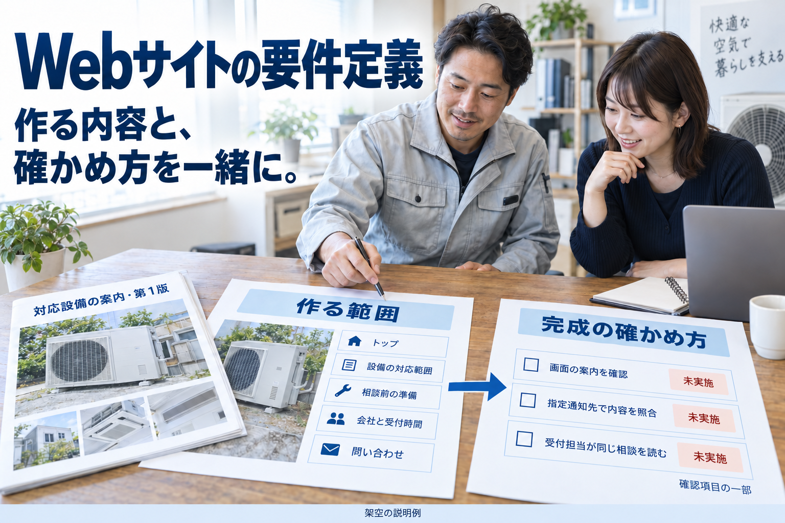 設備点検会社の担当者と制作担当が、設備写真、案内、制作依頼メモ、完成確認票を並べて話す架空の説明図。