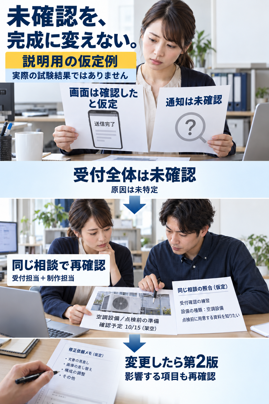 画面の完了は確認したと仮定し、通知は未確認とした記録例。原因を決めつけず、受付担当と制作担当が同じ相談を再確認する流れを示す図。