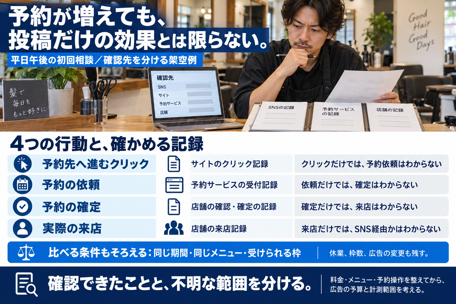 クリック・予約依頼・確定・来店の確認先を分ける架空例です。同じ期間・メニュー・受入枠で比べ、休業・枠数・広告変更と不明な範囲を残します。来店の記録だけで、SNSの投稿の効果を断定しません。