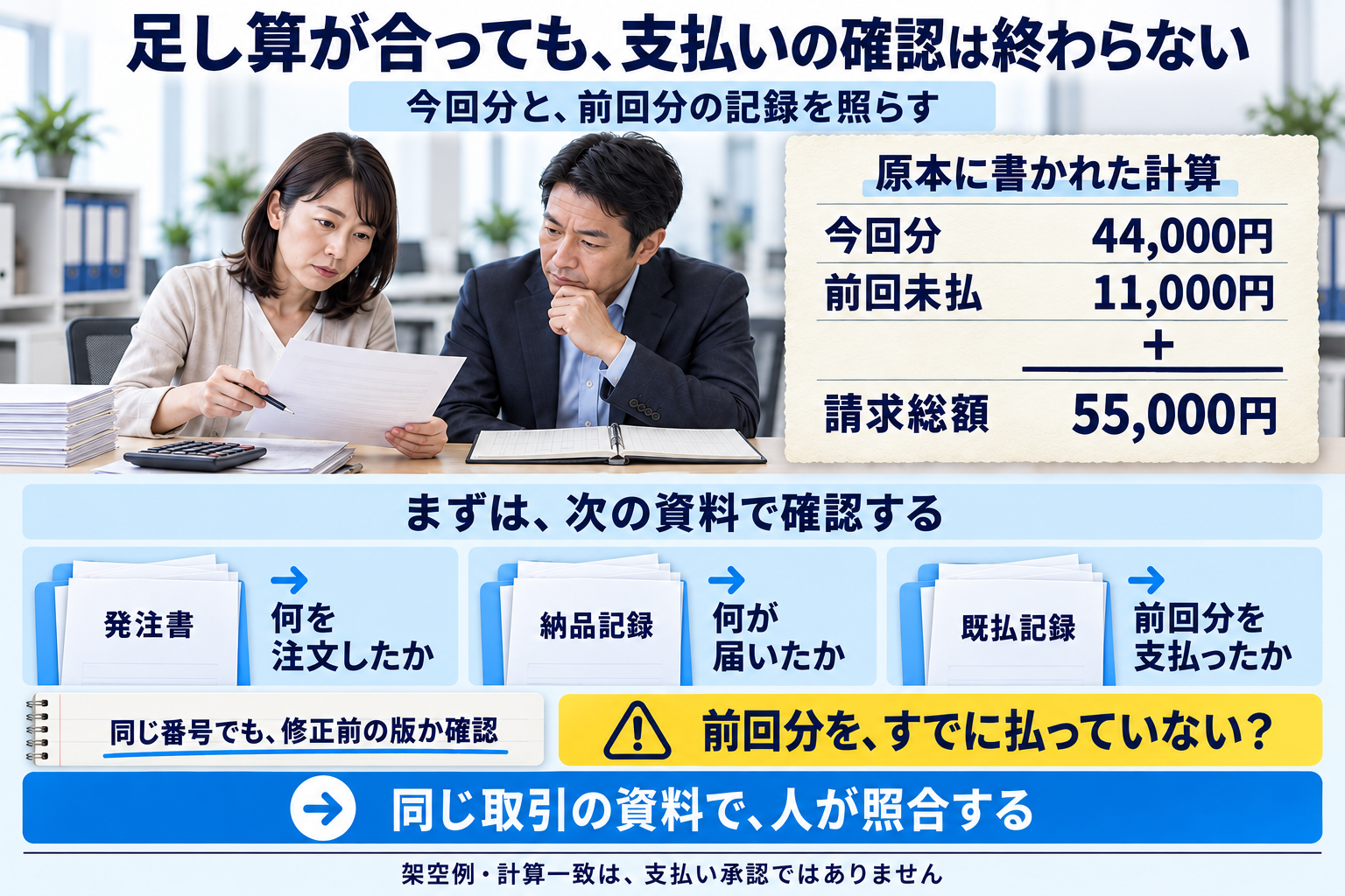 今回分の納品、前回分の支払済み記録、契約上の期日を別々の資料と照合する架空例です。番号や総額の一致だけで重複と決めず、訂正前後の版も確かめます。