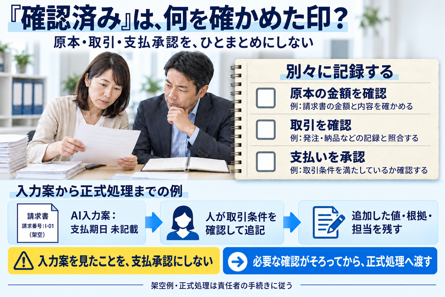原本の金額確認、取引確認、支払承認は別々の状態です。AIの入力案で期日が未記載なら推測せず、人が条件を確認した後の追記も元の抽出と区別します。