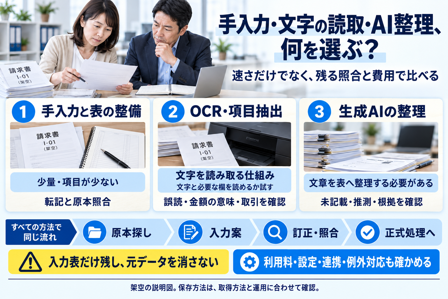 手入力、画像から文字を取り出すOCR・AI抽出、生成AIによる整理を比べます。原本探し、入力案、訂正・照合、正式処理への受け渡しまで同じ範囲で測り、費用は枚数・契約・接続・初期設定・例外対応も確認します。