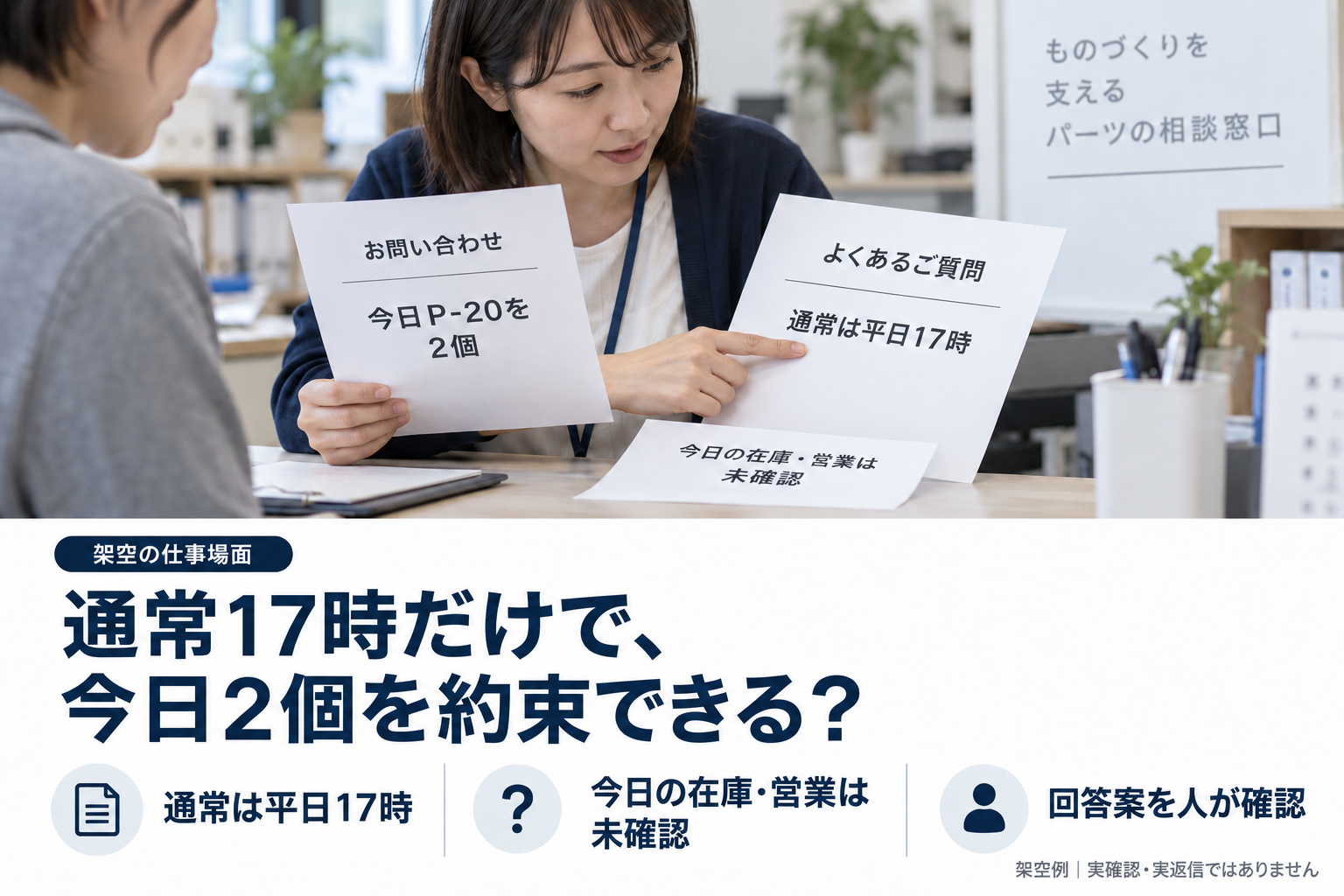 部品販売の窓口担当が、今日P-20を2個受け取りたい質問と平日17時までのFAQを読み、当日確認を担当へ渡す架空の場面。
