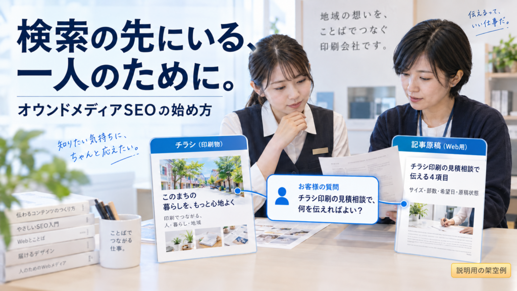 小さな印刷会社の受付担当とサイト担当が、チラシ見本と受付資料、記事の原稿を照合する架空の場面。