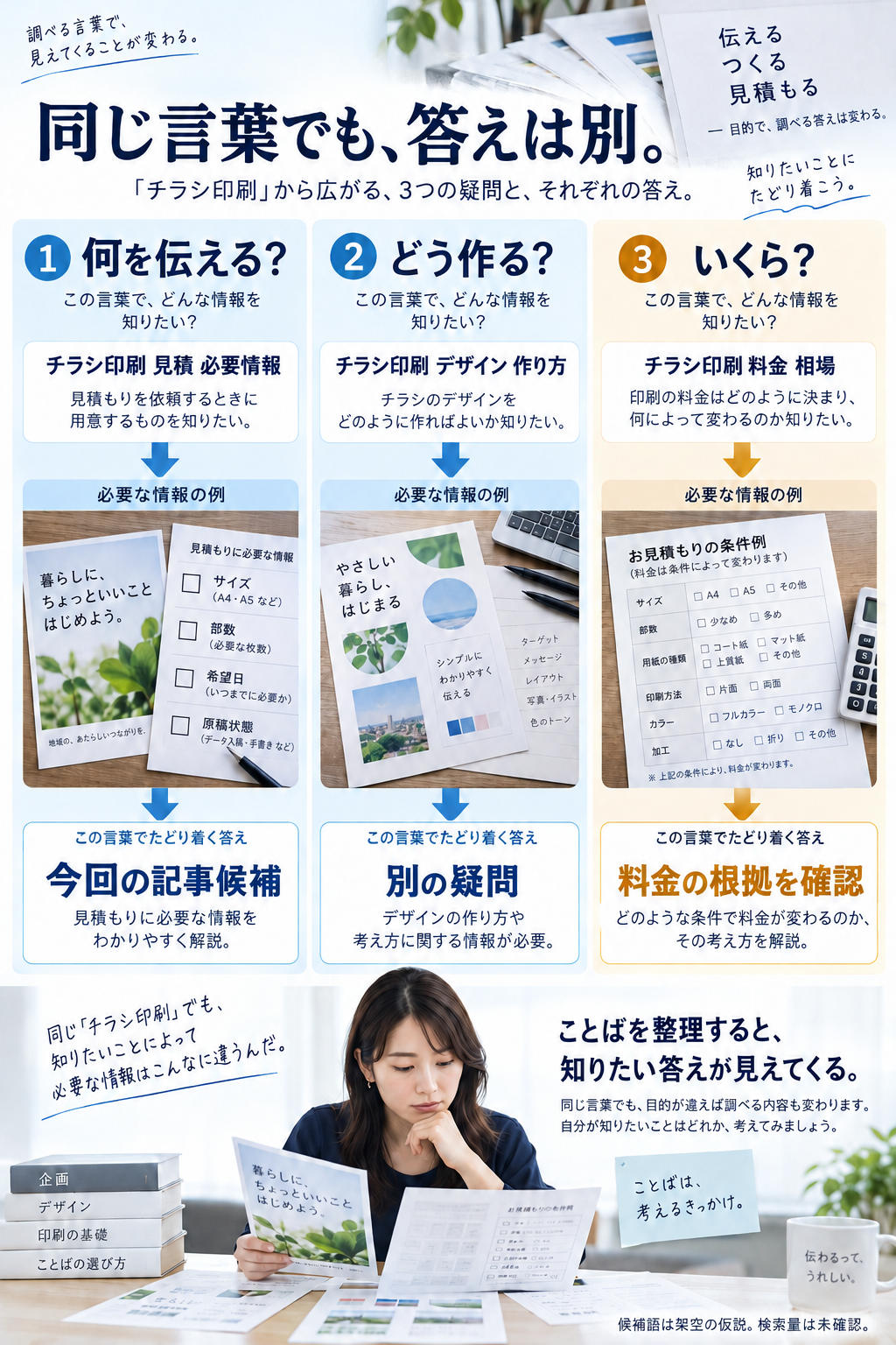 見積準備・デザイン作成・料金比較の3つの検索候補を、必要な答えと自社資料に対応させ、採用候補・今回対象外・根拠待ちに分ける図。