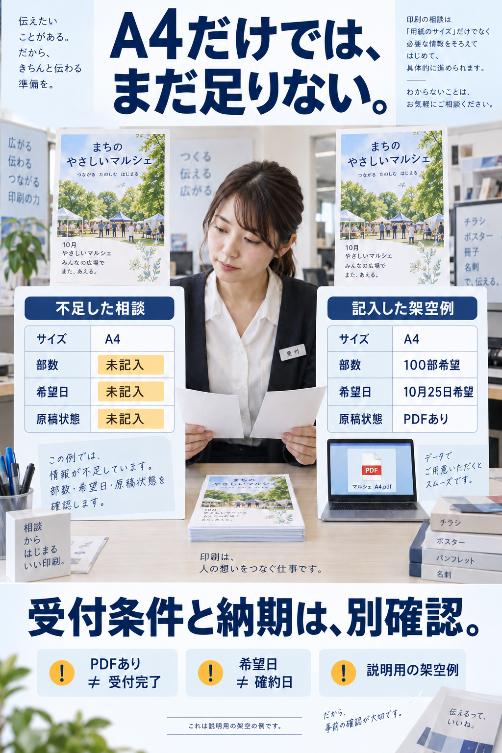 チラシ印刷の見積相談で、A4だけでは足りない例と、A4・100部・希望10月25日・PDFありの4項目記入例を見比べる図。