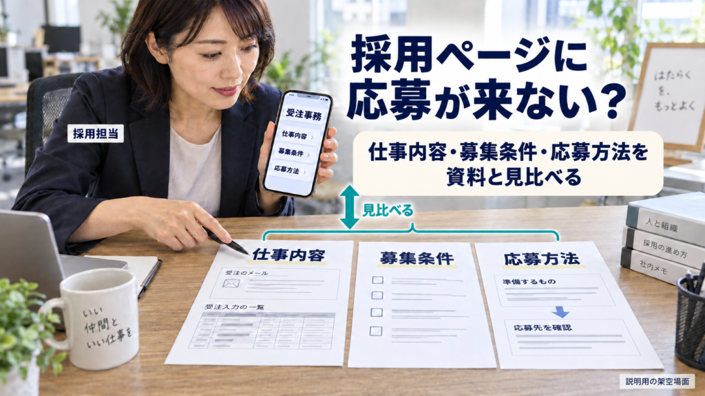 採用担当が受注事務の職種ページを開き、仕事内容・募集条件・応募方法の3資料と見比べる架空場面です。
