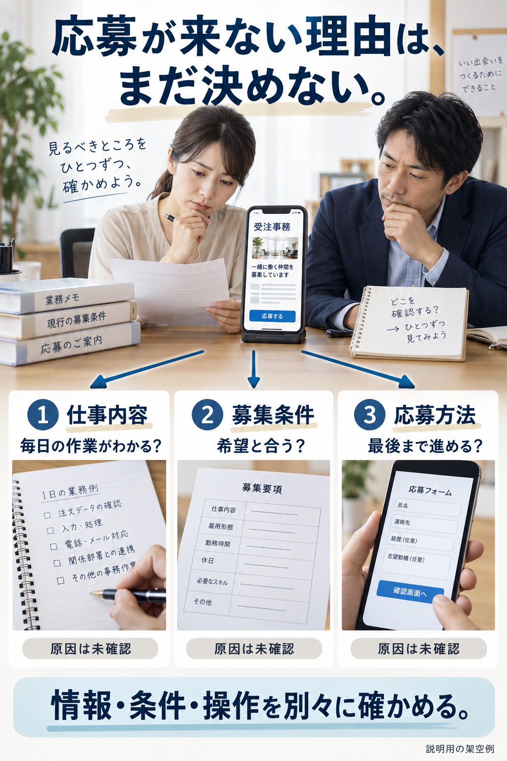 採用担当が受注事務のページを開き、毎日の作業が分かるか、募集条件が希望と合うか、応募操作を最後まで進められるかを別々に確認する架空例。原因は未確認です。