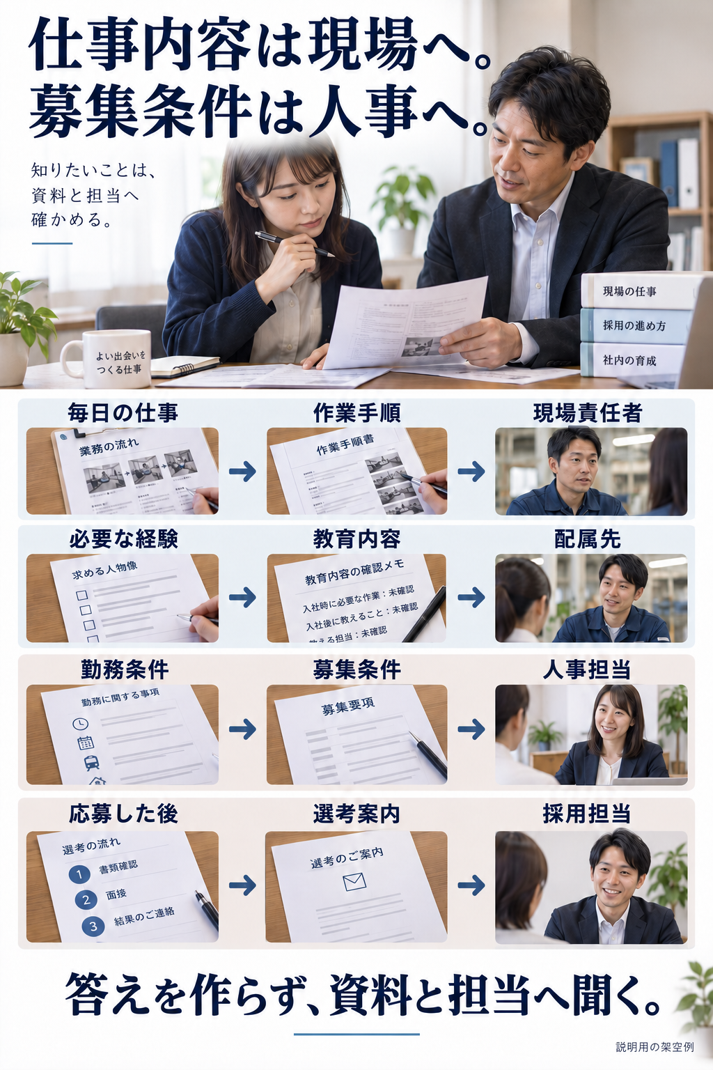 毎日の仕事は作業手順と現場責任者へ、必要な経験は教育内容と配属先へ、勤務条件は募集条件と人事へ、応募後の流れは選考案内と採用担当へ確かめる架空の対応図。教育内容は未確認です。