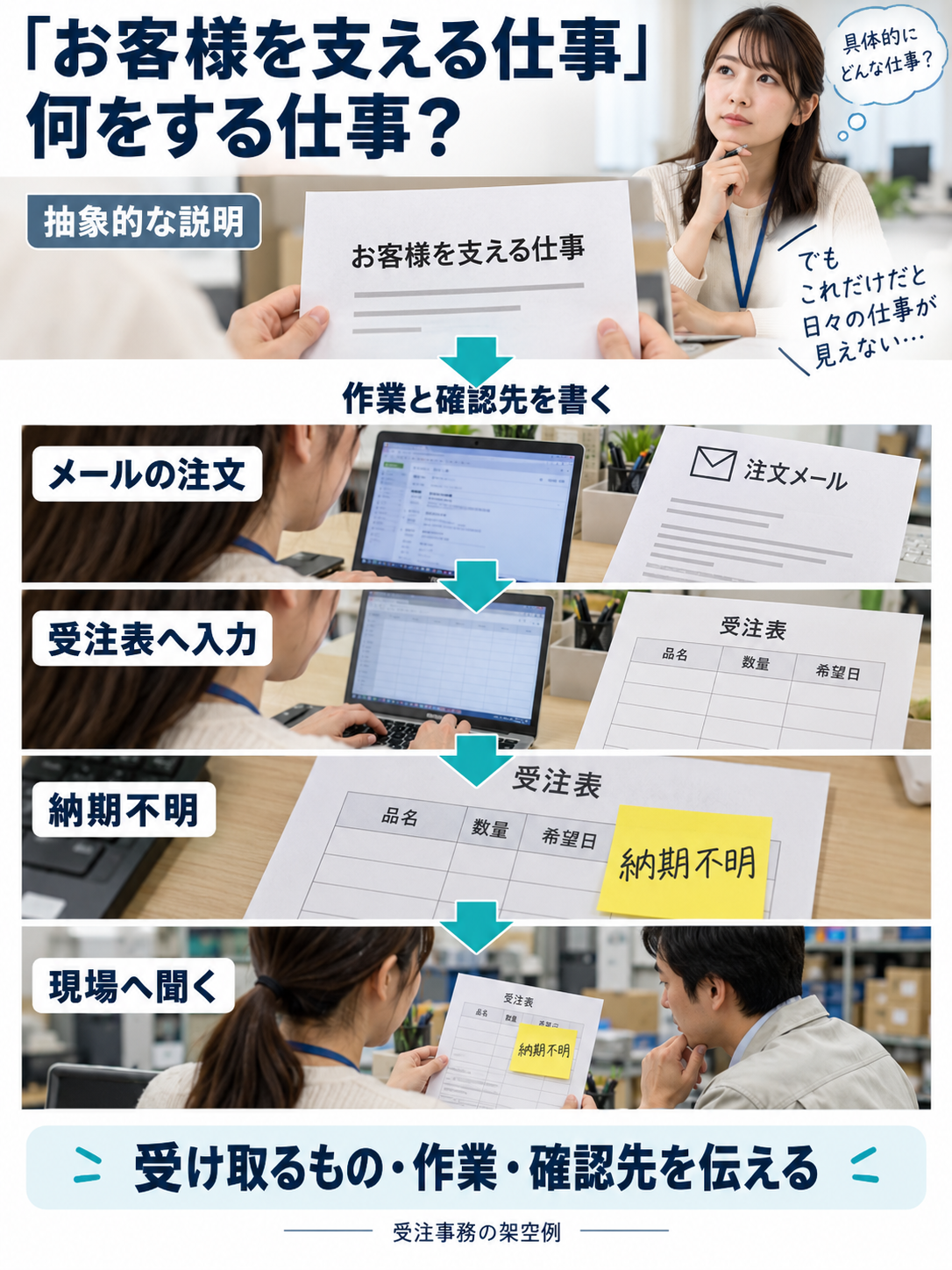 抽象的な仕事内容を、メールの注文を受け取る、受注表へ入力する、納期が分からなければ現場へ聞く作業へ具体化する、受注事務の架空例。