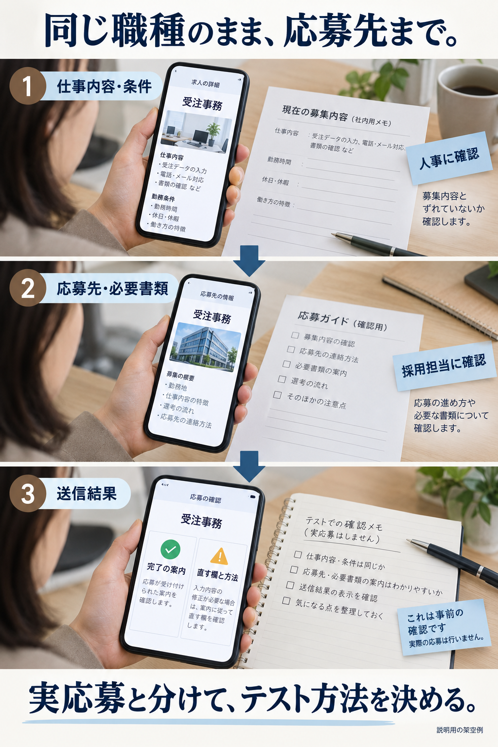 受注事務の仕事内容と条件、応募先と必要書類、送信結果を同じ職種名でたどり、人事・採用担当・制作担当がテスト方法を決める架空のスマートフォン案内。