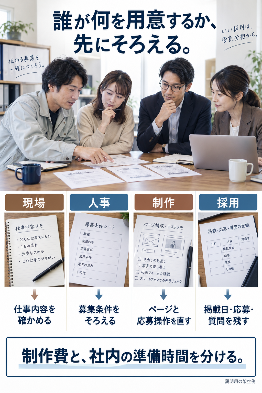 現場は仕事内容、人事は募集条件、制作はページと応募操作、採用担当は掲載日・応募・質問の記録を用意し、制作費と社内の準備時間を分けて考える架空例。