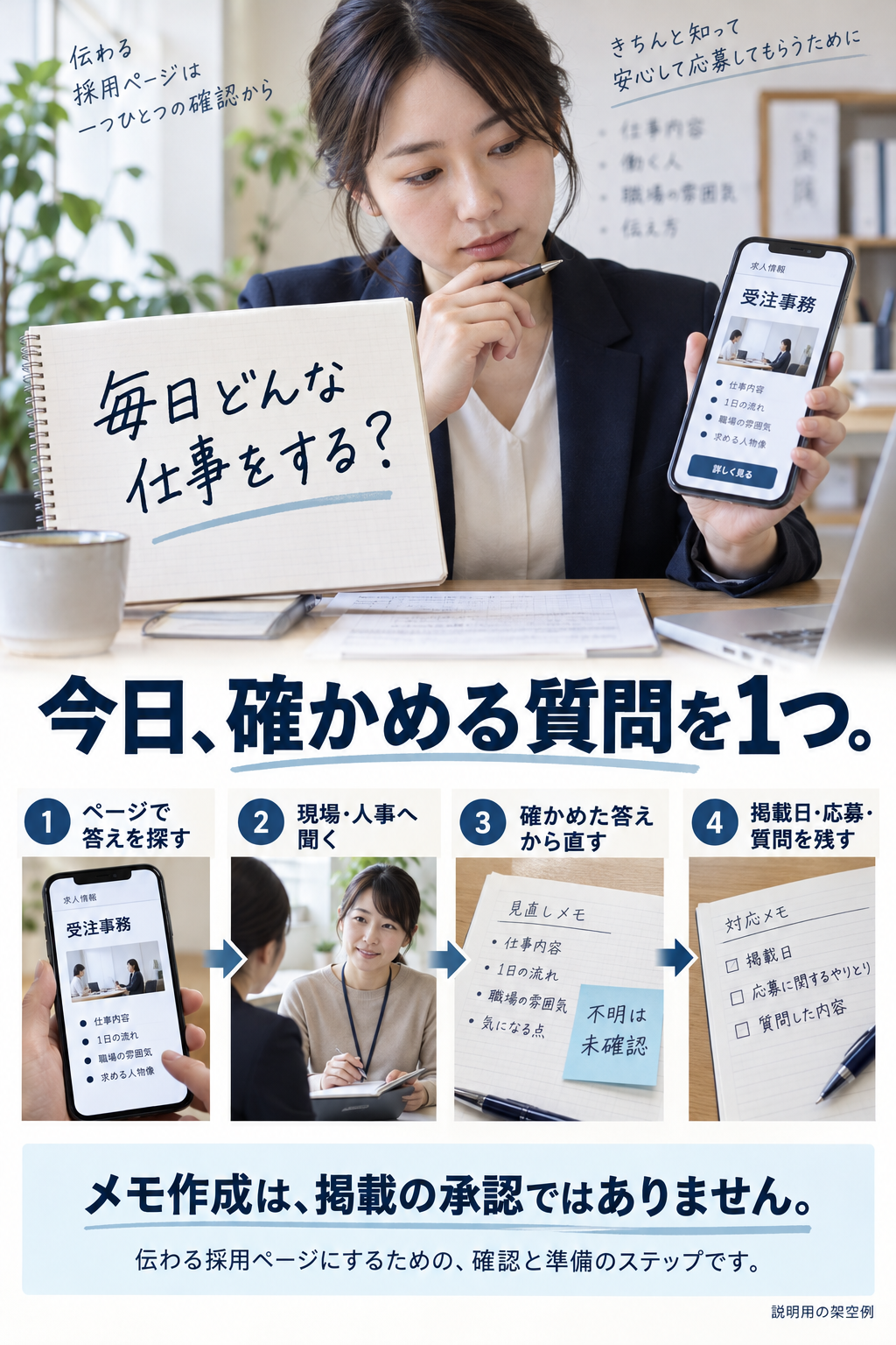 受注事務のページで「毎日どんな仕事をする？」の答えを探し、現場や人事へ聞き、確かめた答えから修正し、掲載日・応募・質問を残す架空の手順。不明は未確認で、メモ作成は掲載承認ではありません。